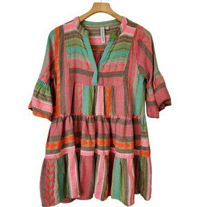 Colorful Neon Aztec Geometric Mini Babydoll Dress Bell Sleeves Summer Coquette